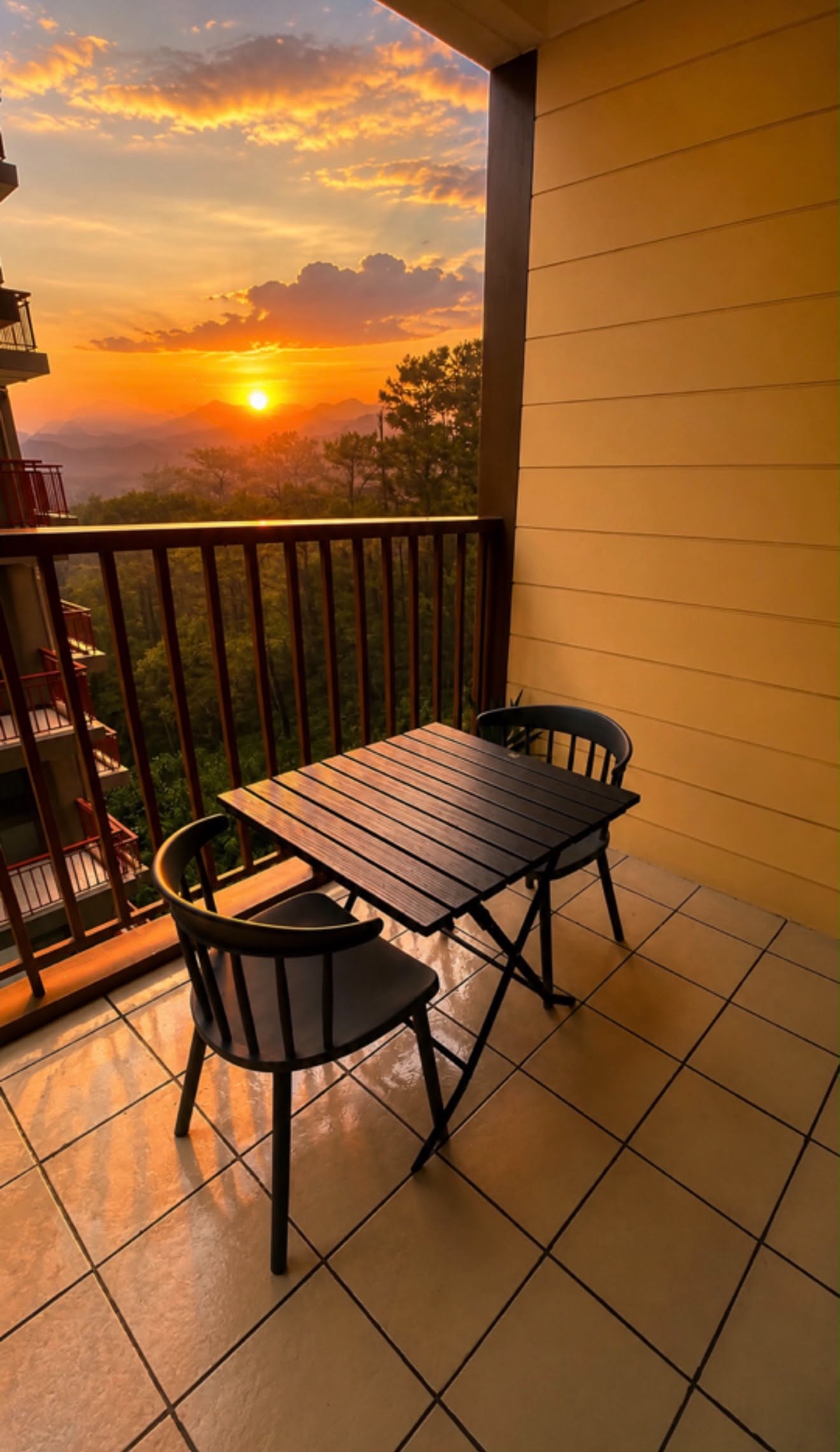 Balcony table and chairs looking over the pines at sunset