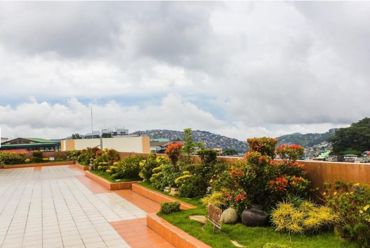 Rooftop garden and paved deck looking over Baguio