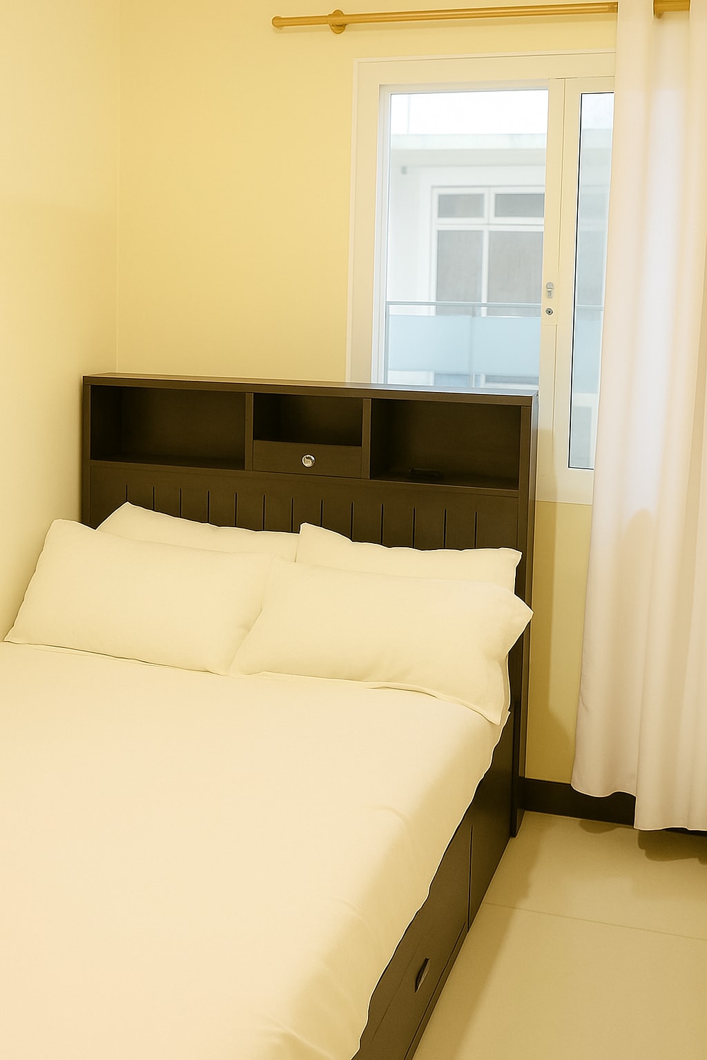 Double bed with a dark storage headboard beside the window