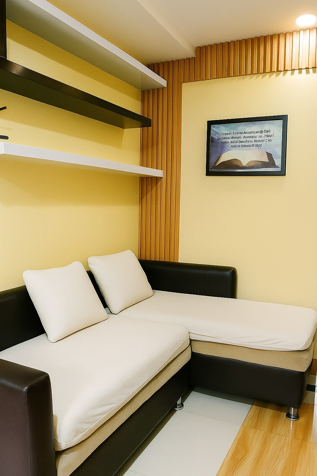Corner sofa bed with yellow cushions below floating shelves